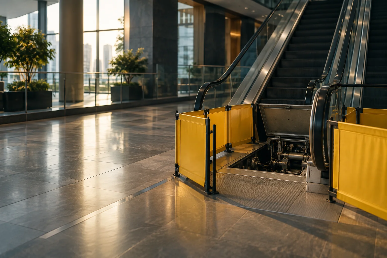 A modern escalator landing with maintenance barriers and architectural lines