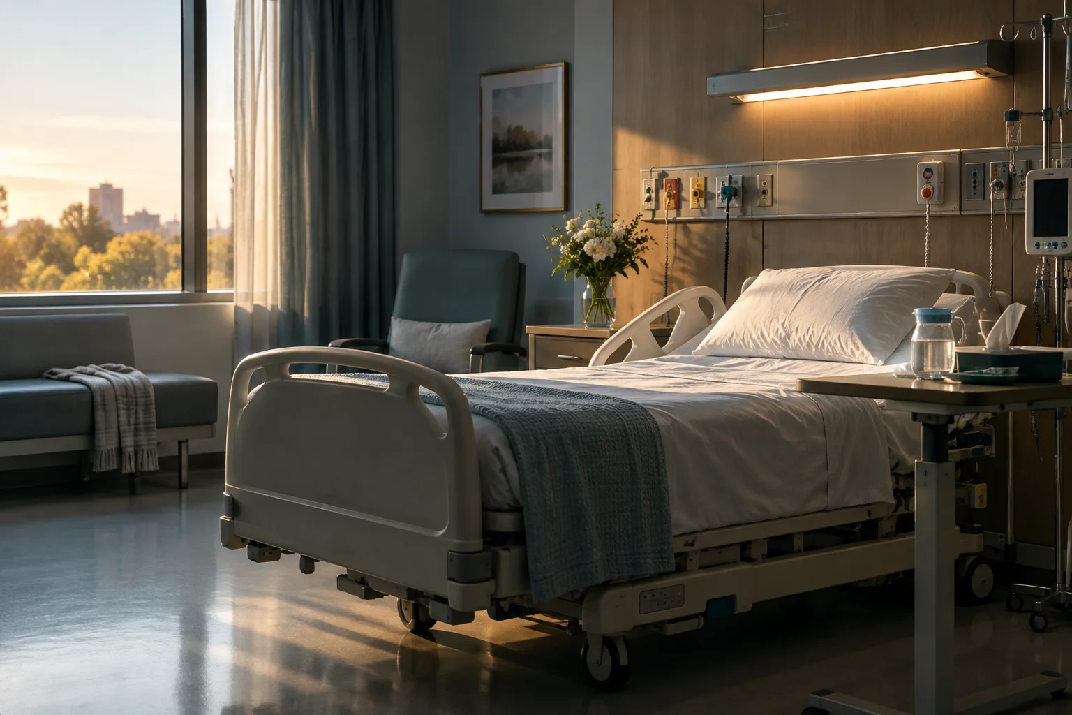 An empty hospital room with call button and neatly prepared bedside equipment