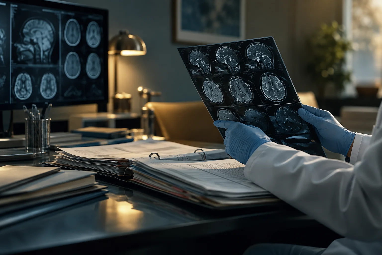 Medical scans and an open patient chart reviewed in a quiet consultation room