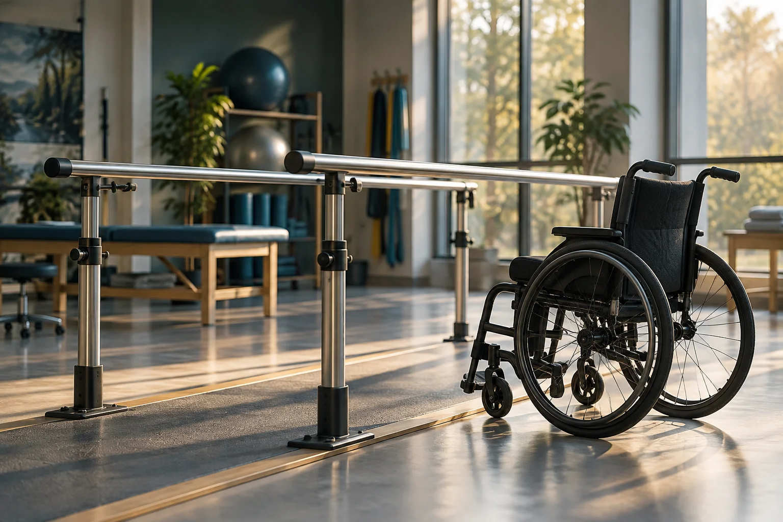 A rehabilitation parallel-bar station and wheelchair in a sunlit therapy room