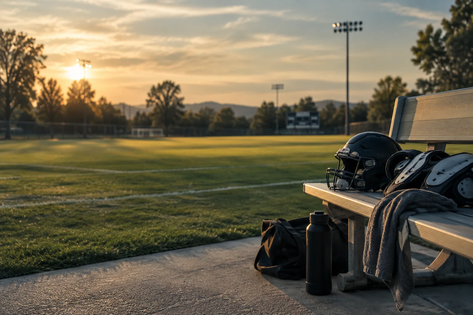 An empty community sports field with protective gear resting on a bench