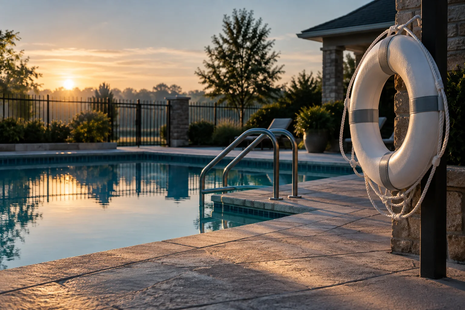 An empty swimming pool deck with a life ring and still water at dawn