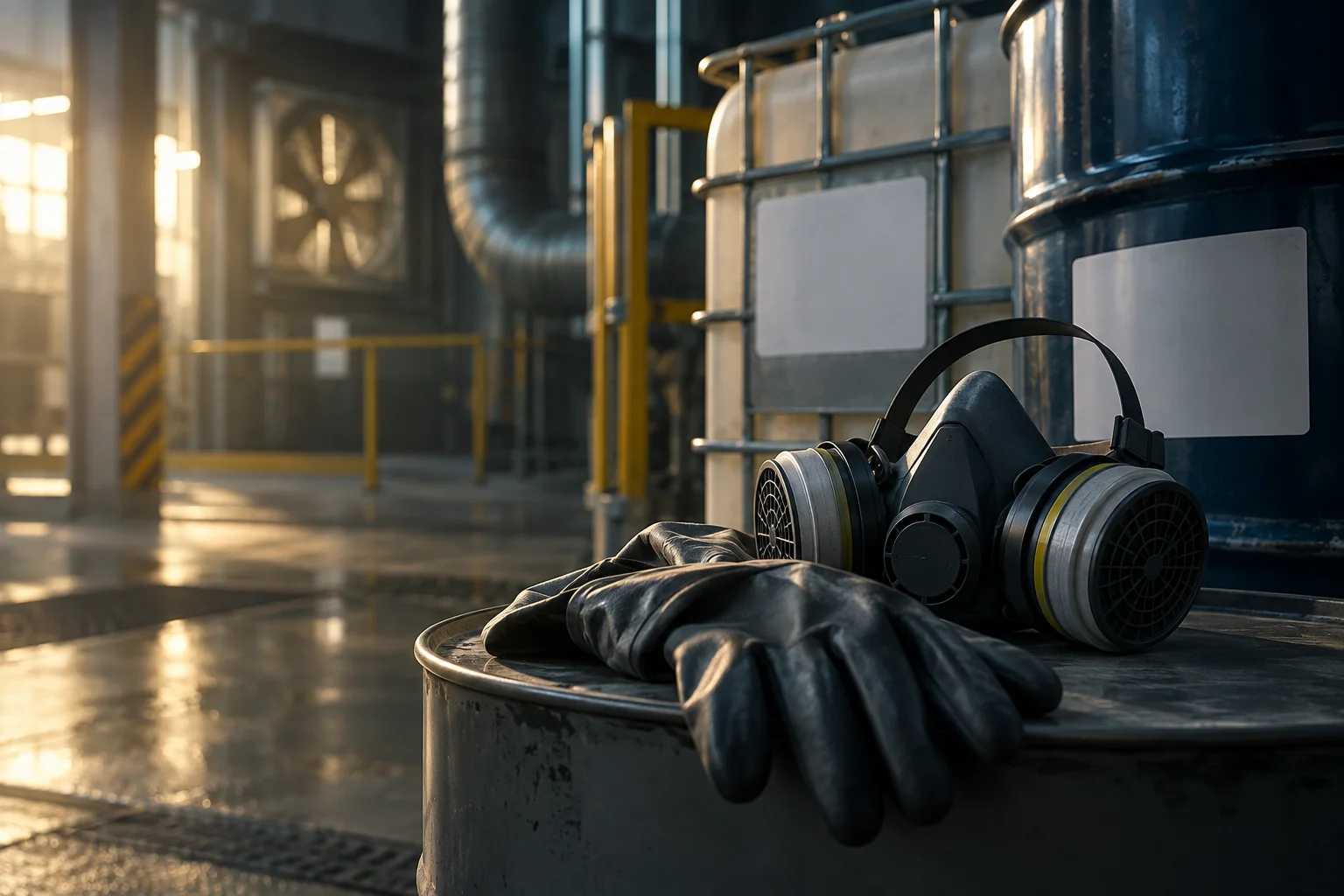 Protective gloves and a respirator near sealed industrial containers without labels