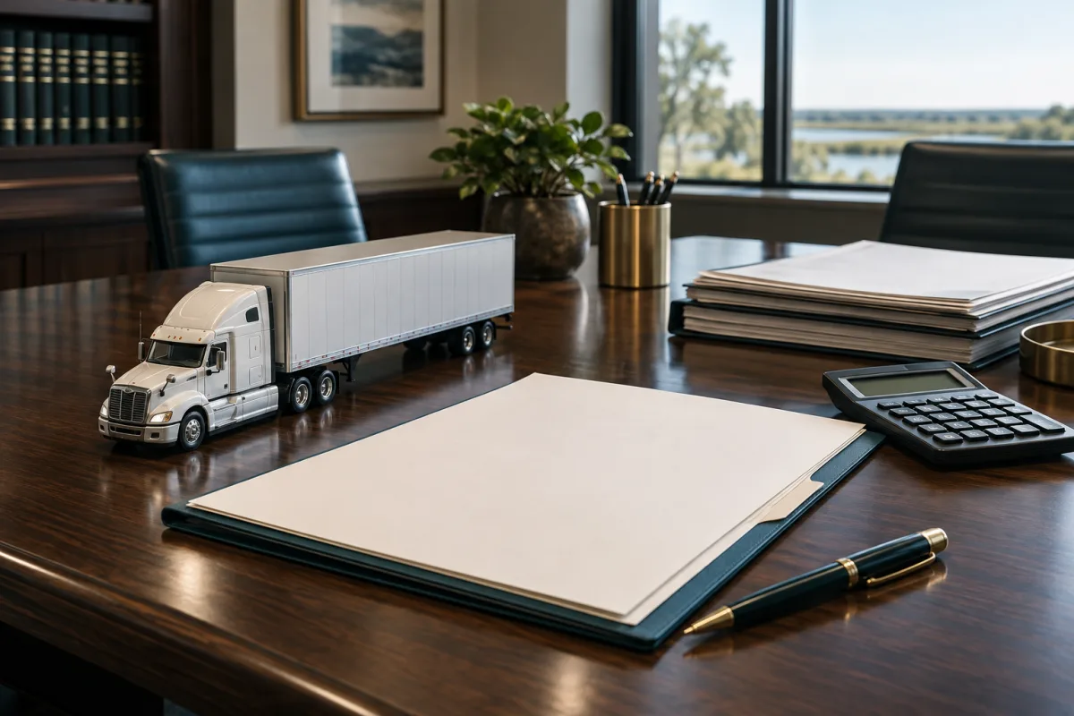 An unbranded model semi-truck beside a blank claim folder, calculator and pen on a conference table