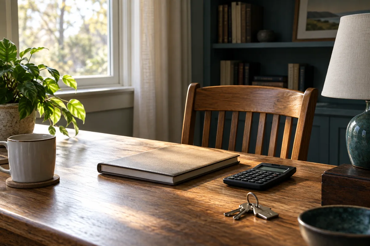 An empty chair beside a closed household ledger, calculator and house keys in gentle morning light
