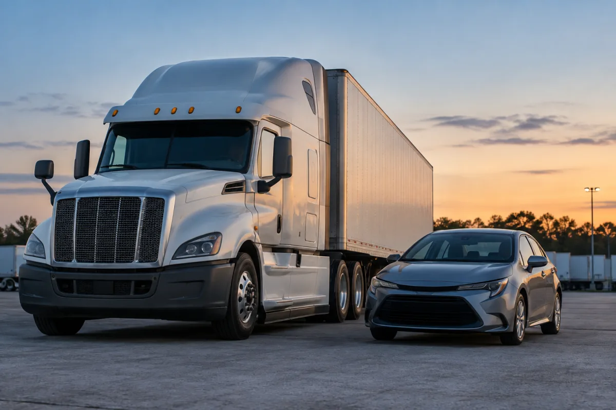 A full-size semi-truck and compact passenger car parked side by side to show their height and weight difference