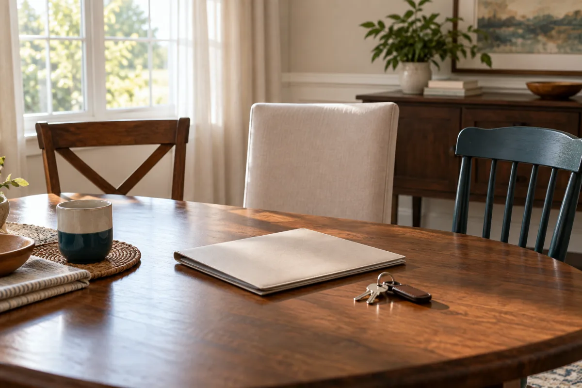 Three empty family chairs around a table with a closed estate folder and house keys