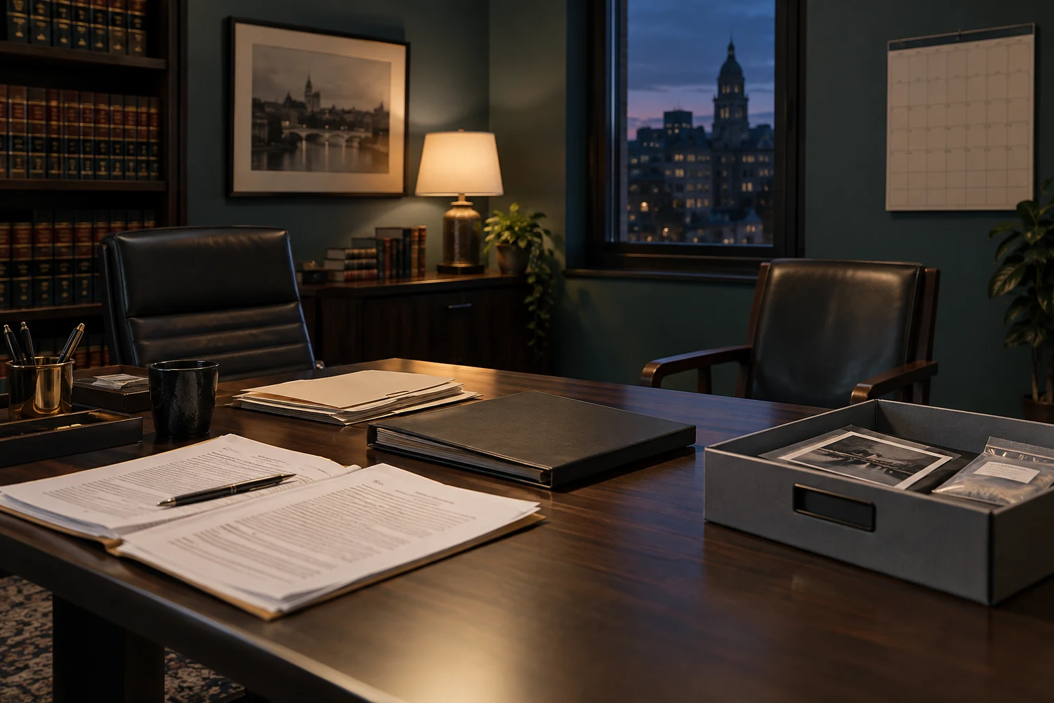 A private defense preparation room with closed case files
