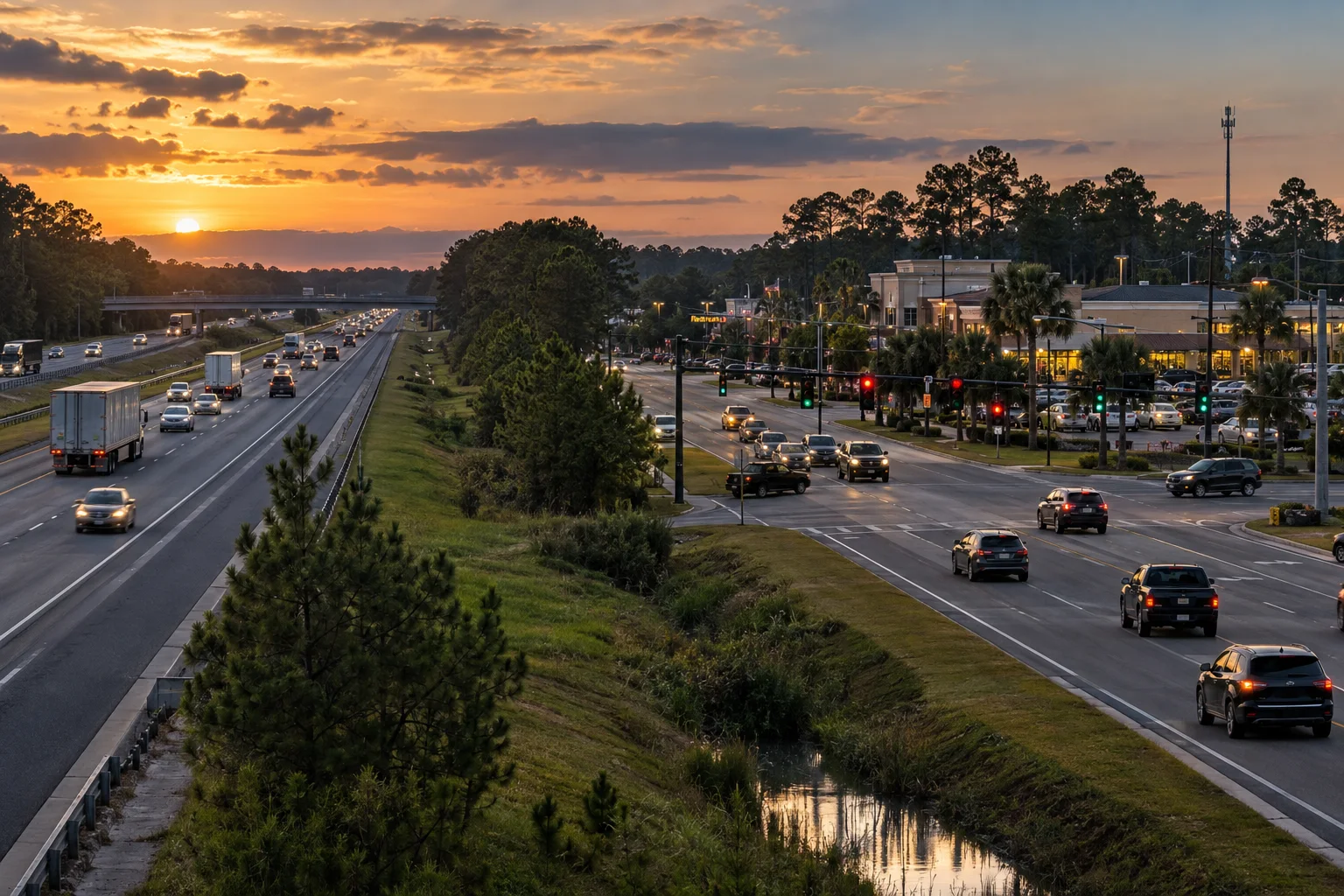 Vehicles traveling on a Georgia highway beneath an evening sky