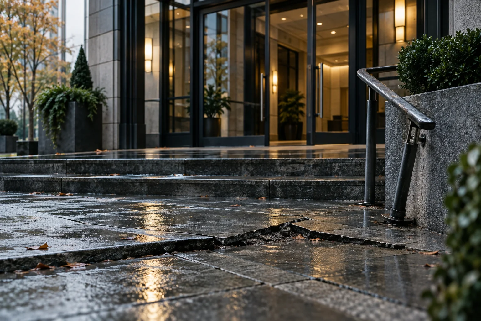 A commercial walkway with a visible uneven surface after rain