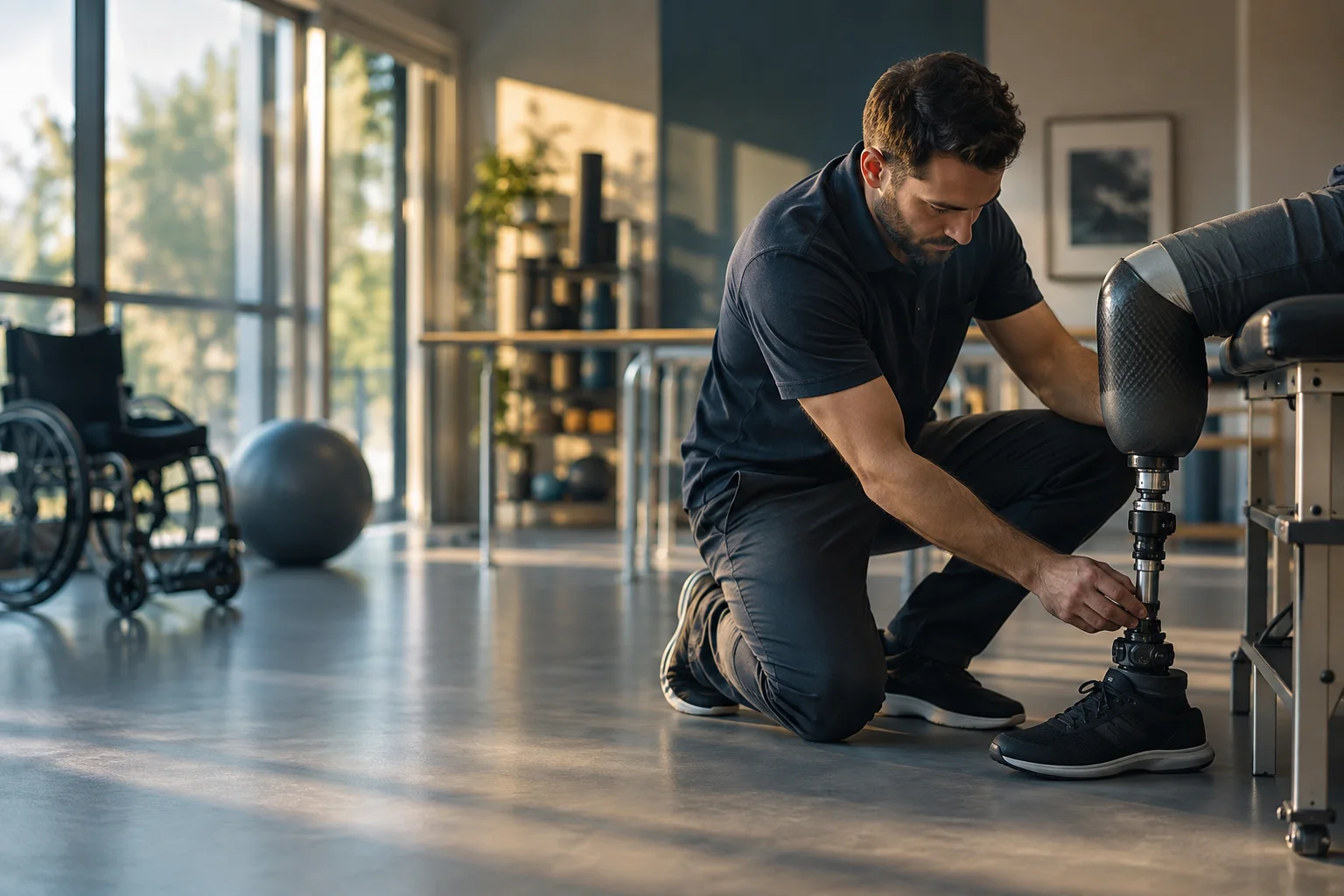 A prosthetic specialist preparing mobility equipment in a calm rehabilitation setting