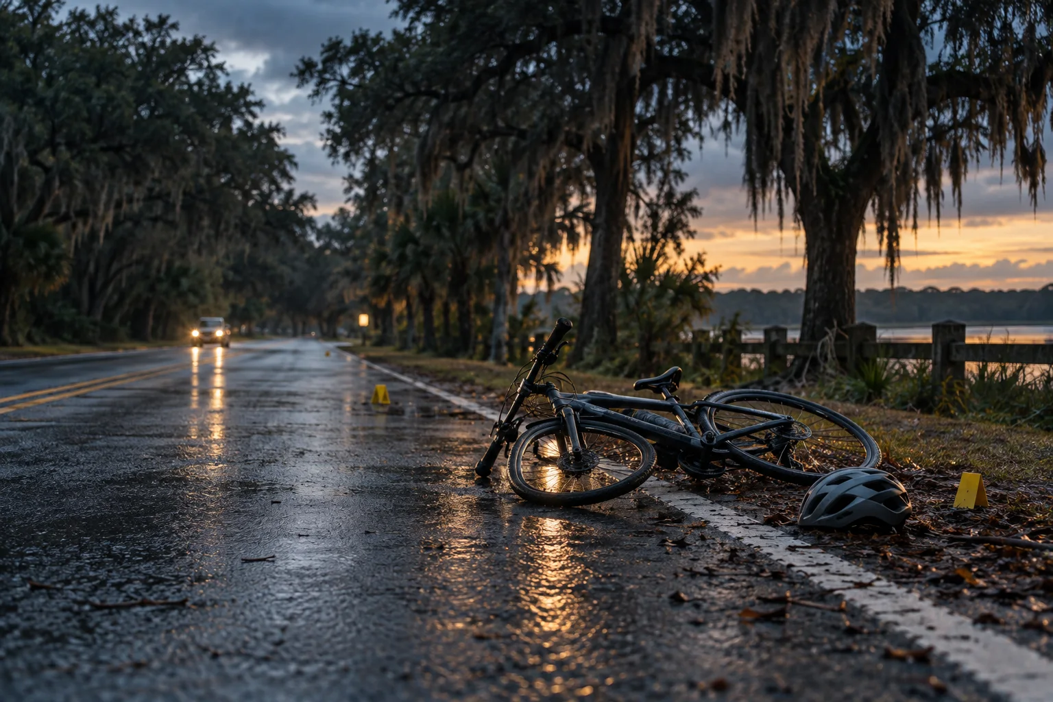 A bicycle and helmet beside a quiet Georgia roadway after rainfall