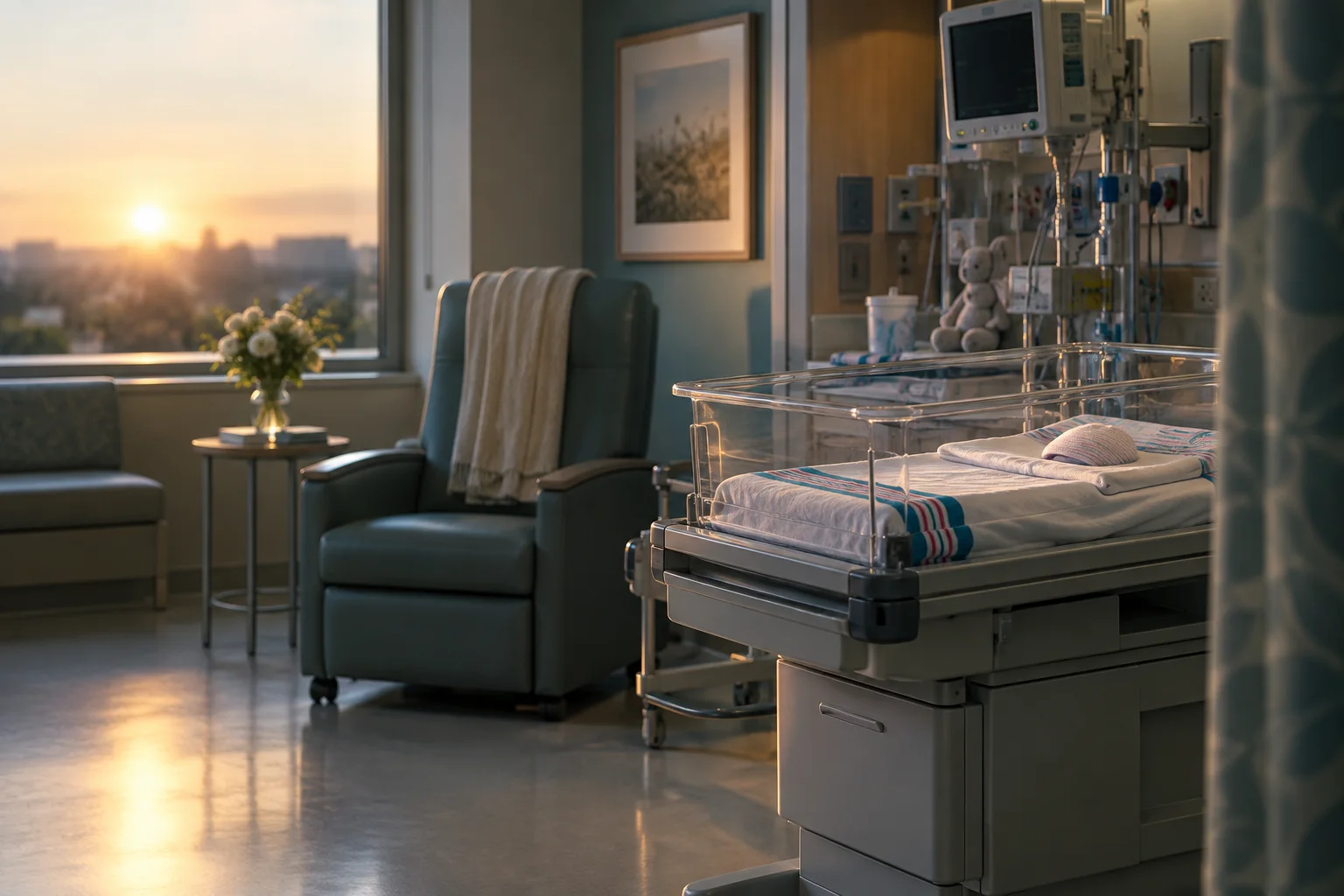 A softly lit neonatal care room with an empty family chair