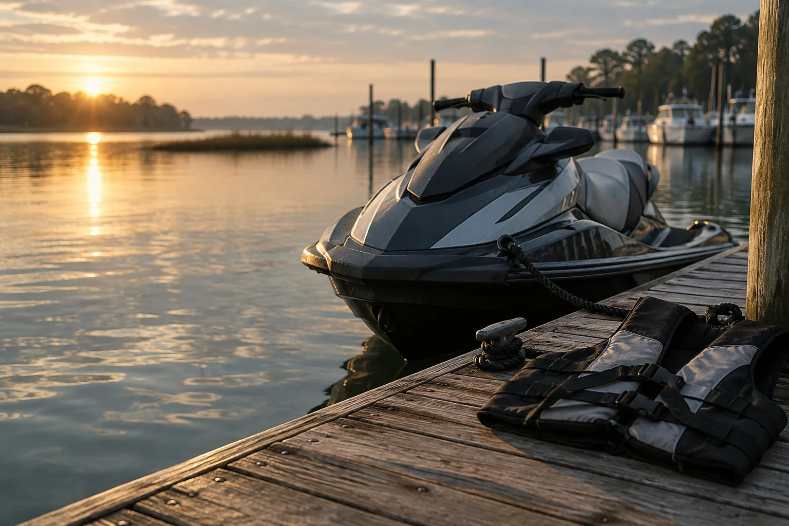 A life jacket and dock line beside still water at a Georgia marina