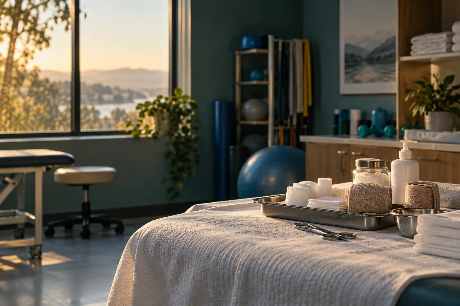 A burn rehabilitation room with clean bandaging supplies and warm window light