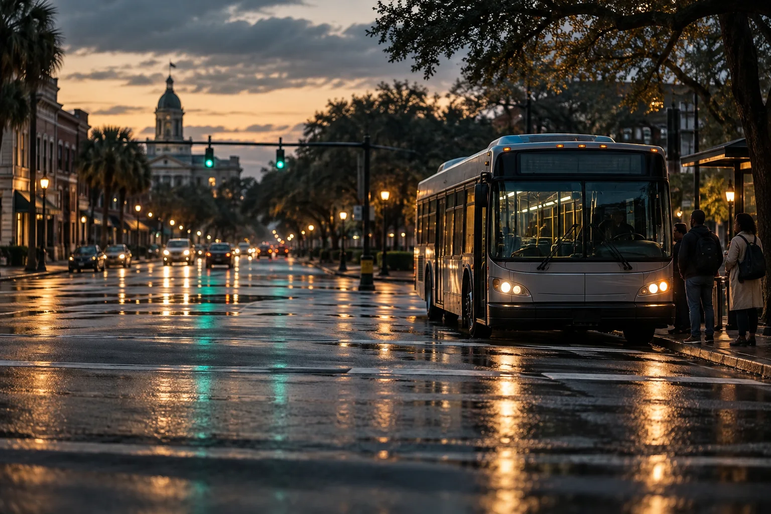 A city bus moving through a rain-darkened intersection at dusk
