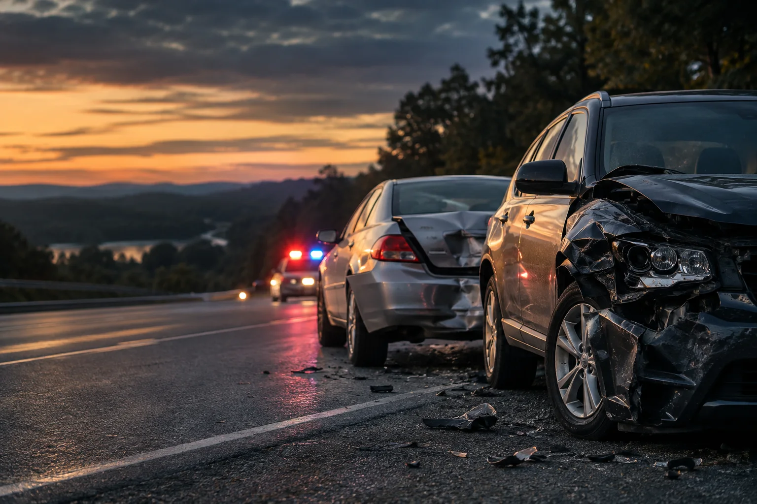 Two damaged vehicles secured beside a Georgia roadway at dusk