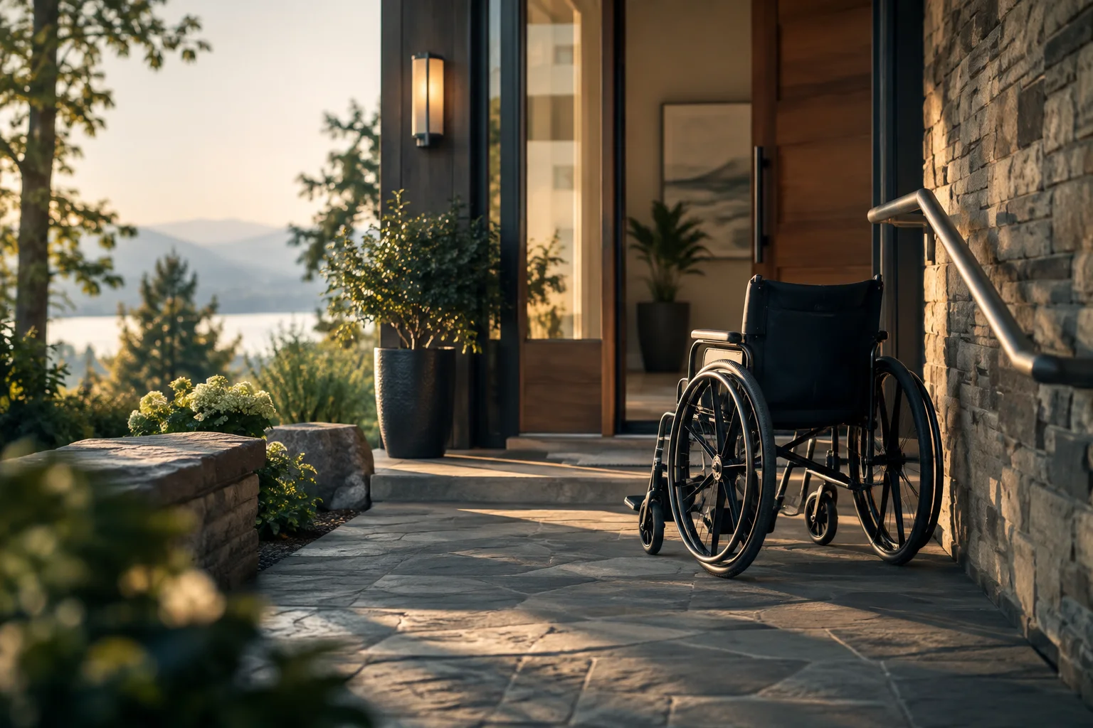 An accessible home entry and mobility aid in dignified morning light