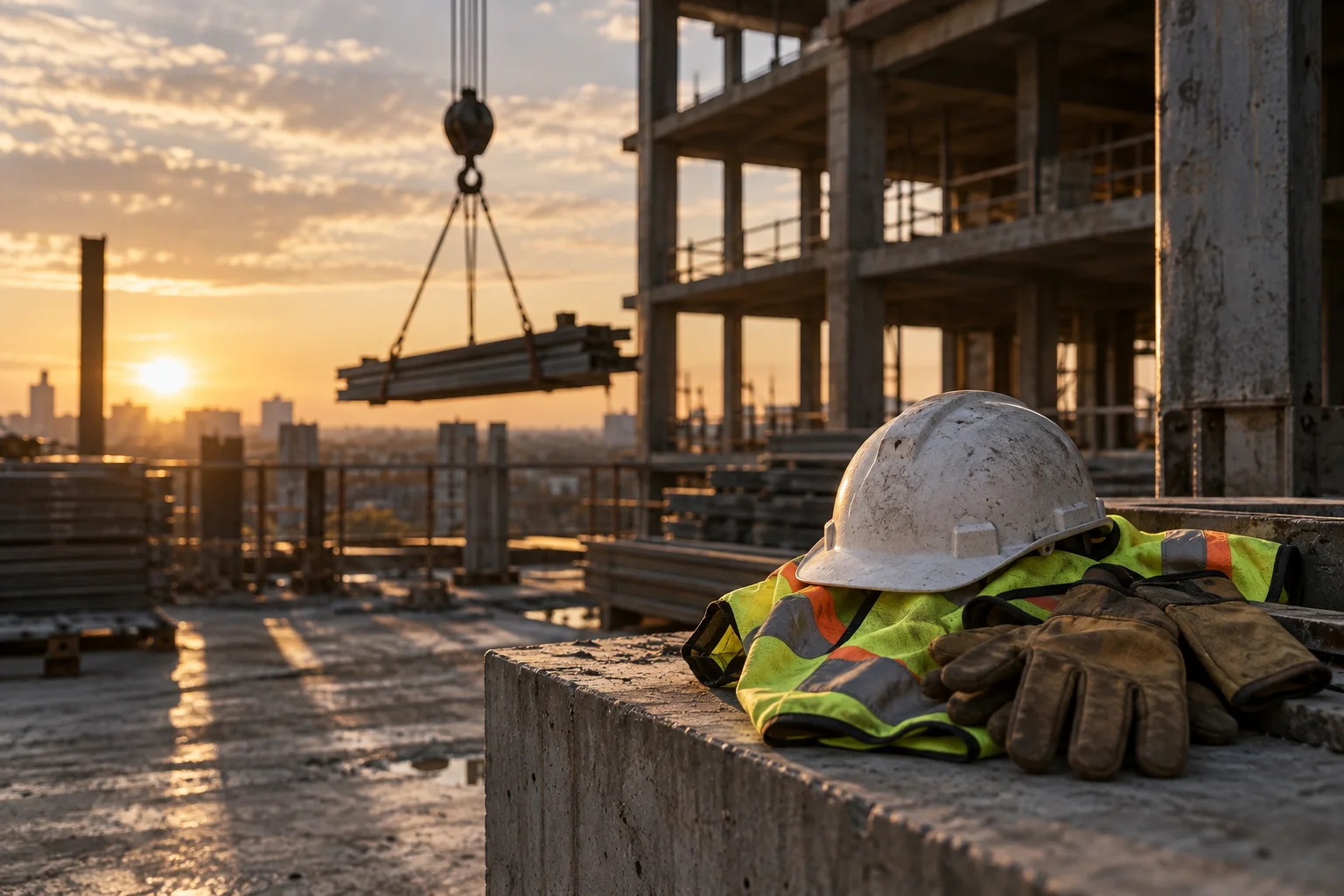 A hard hat and safety vest at a quiet construction site during golden hour