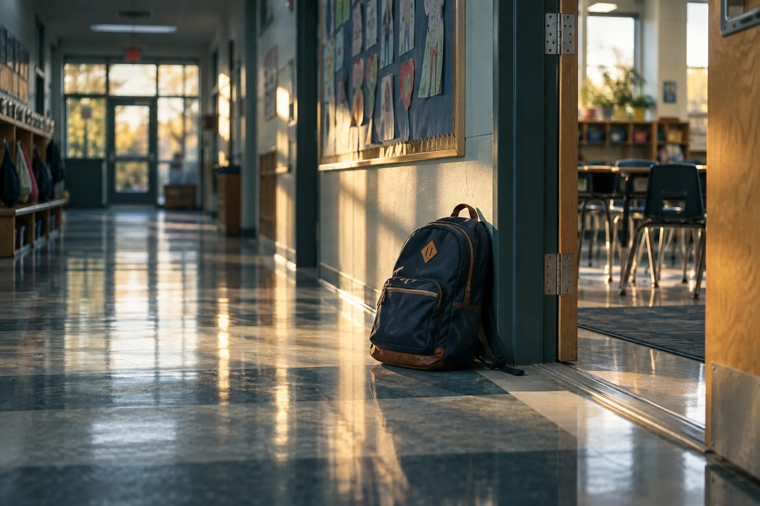 An empty school corridor with a child backpack resting near a classroom doorway