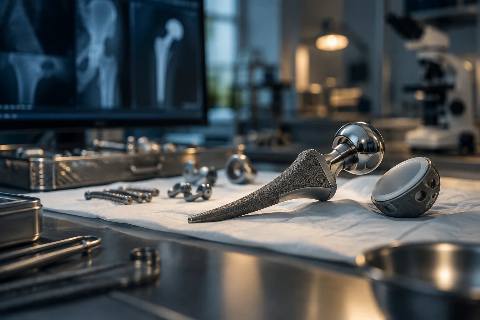 An unbranded medical implant model documented on a sterile inspection surface