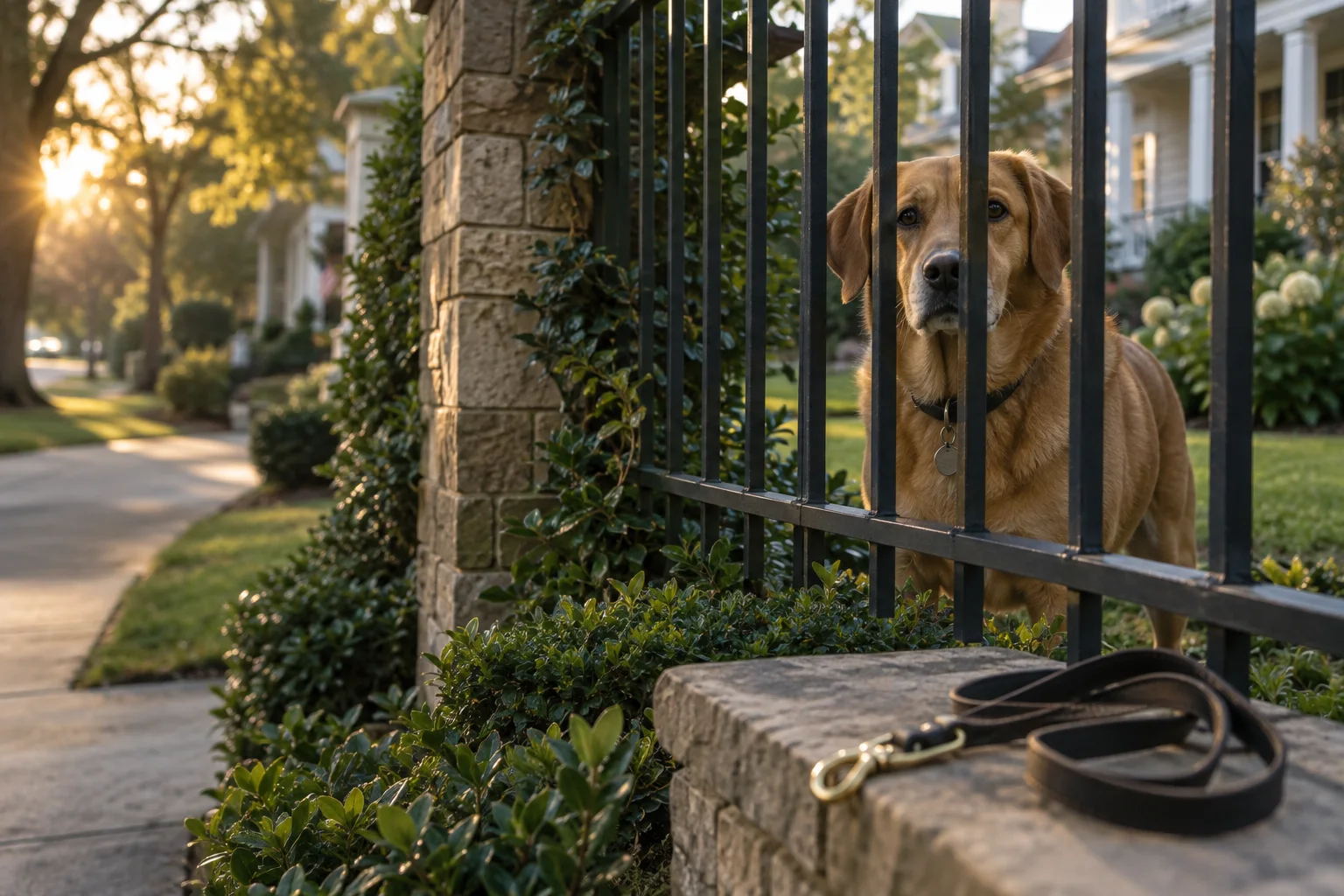 A secured dog behind a residential fence with a leash in the foreground