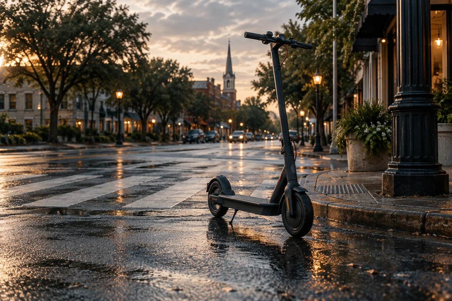 An electric scooter near a marked city crossing with no visible branding