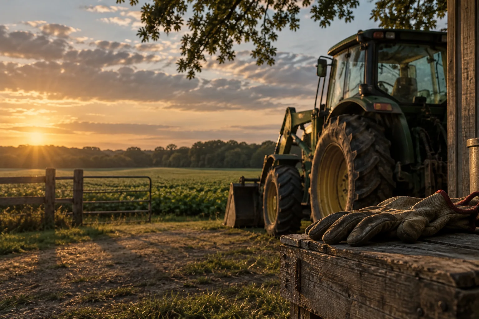Farm machinery at rest beside a South Georgia field during golden hour