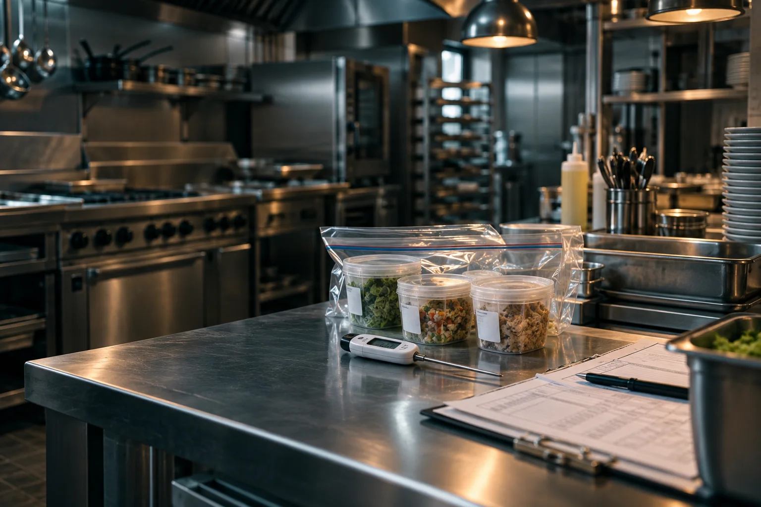 A commercial kitchen inspection scene with sealed food samples and clean surfaces