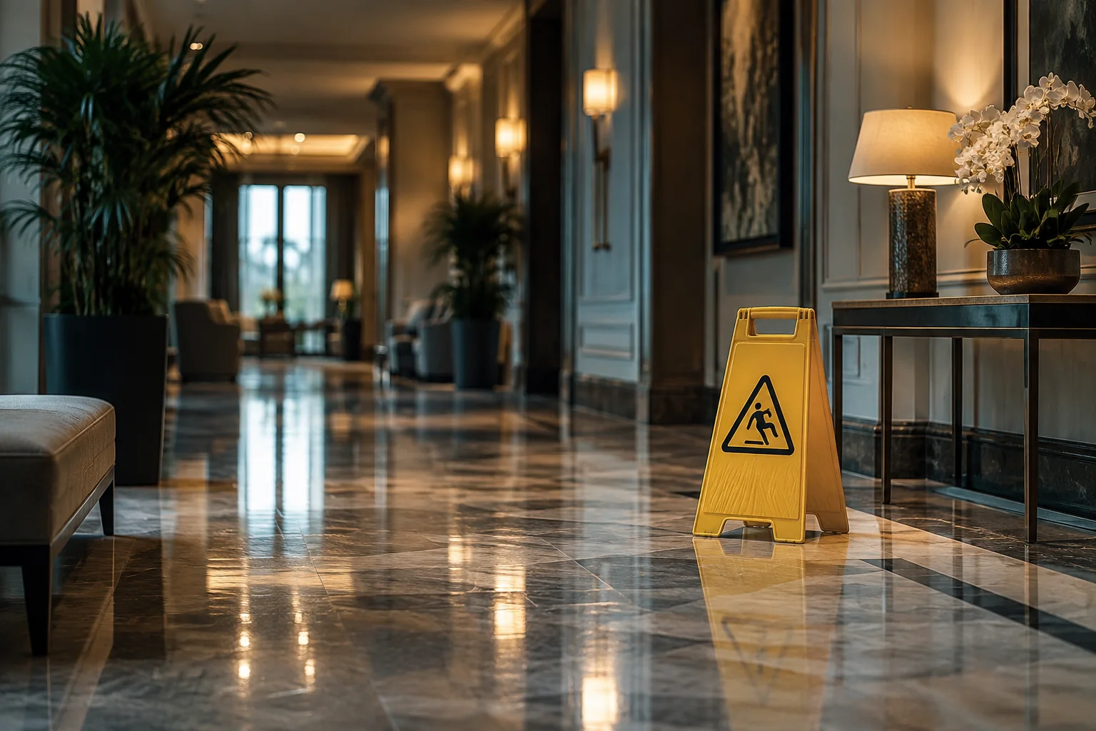 A refined hotel corridor with a discreet caution marker on polished flooring