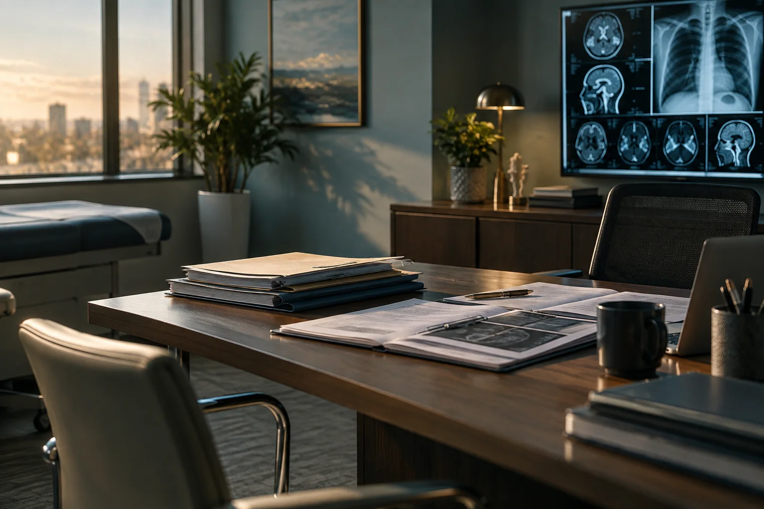 A clinical consultation room with records prepared for independent review