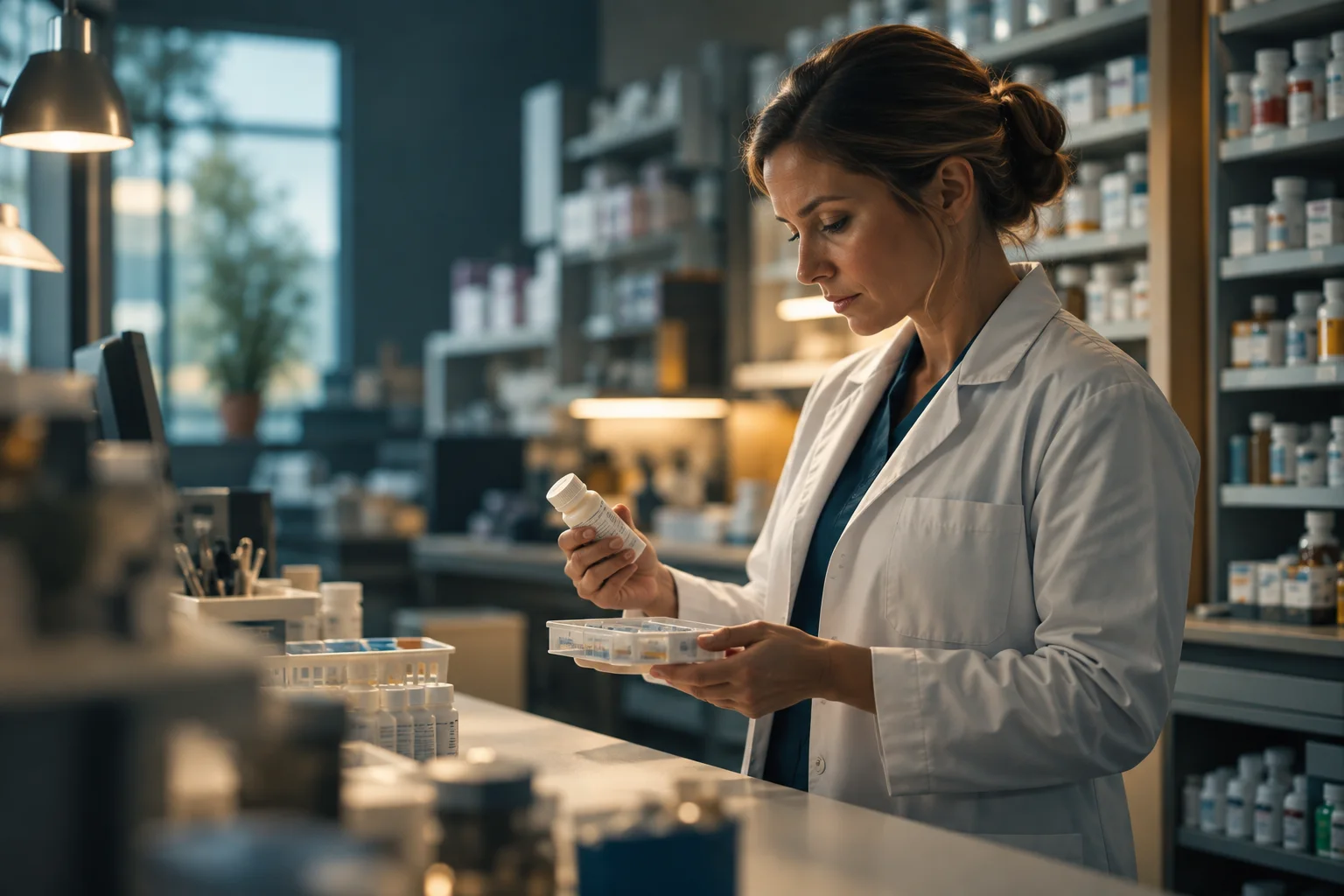 A pharmacist reviewing an unbranded prescription package under task lighting