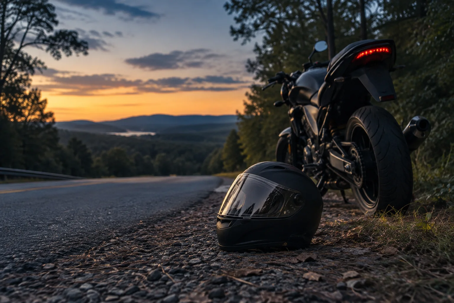 A motorcycle helmet beside a stopped motorcycle on a rural Georgia road