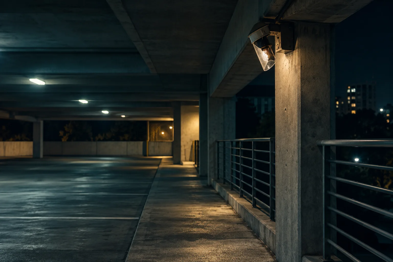 A dim parking structure with a broken security light and empty walkway