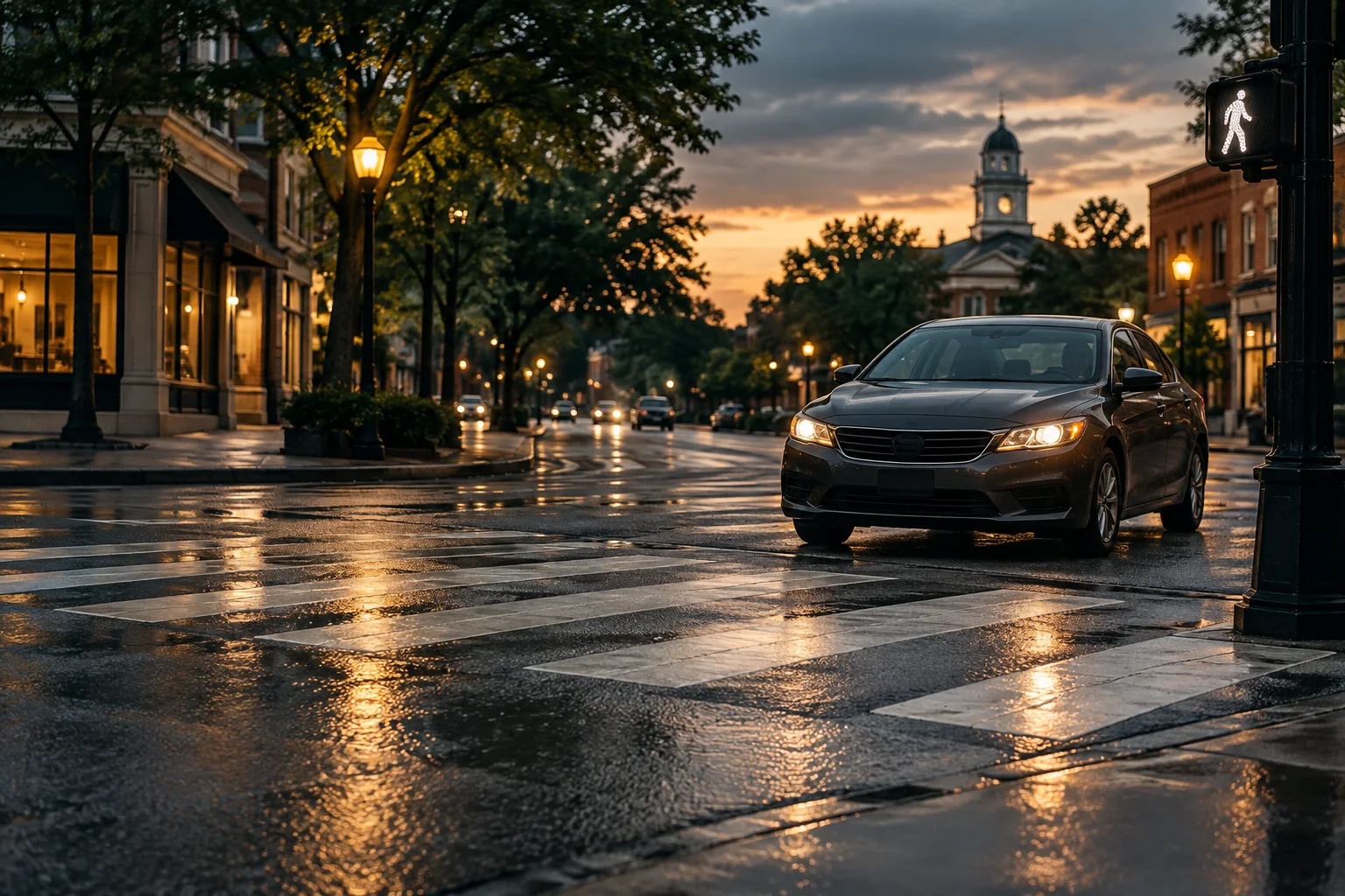 A marked crosswalk and stopped vehicle at a Georgia intersection after rain
