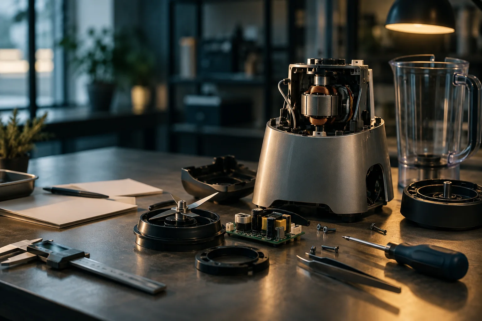 A disassembled unbranded household device documented on an inspection table