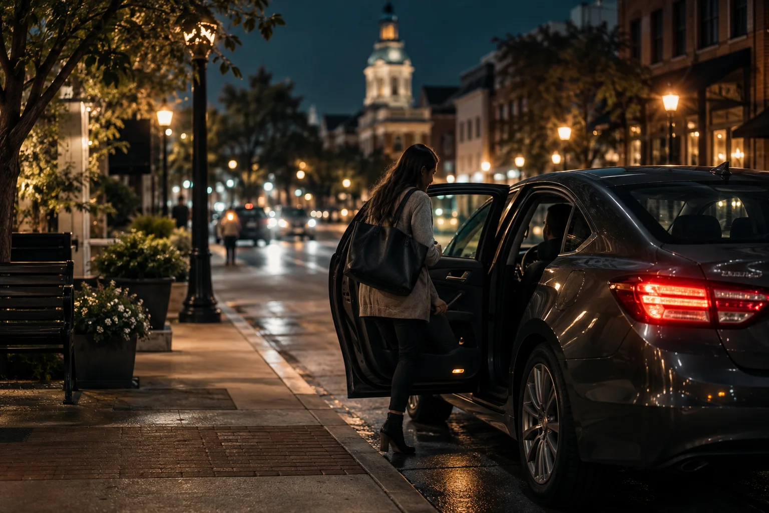 A passenger vehicle stopped at an urban pickup zone at night with no visible branding