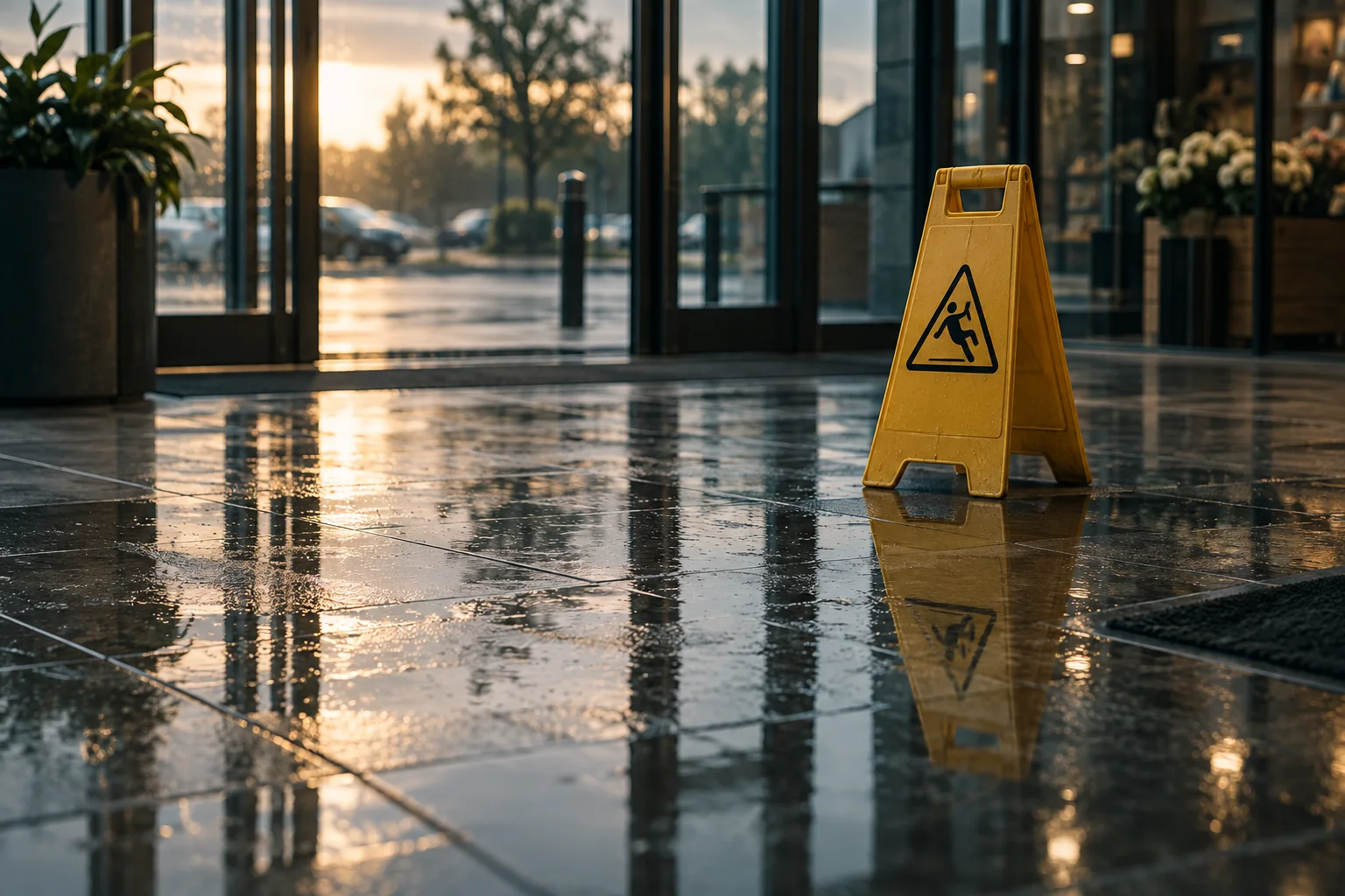 A wet commercial floor with a visible caution marker and reflected window light
