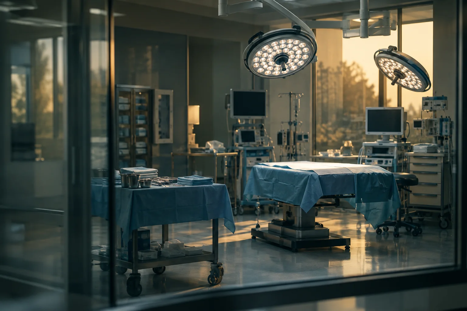 A prepared operating room viewed through glass before a procedure