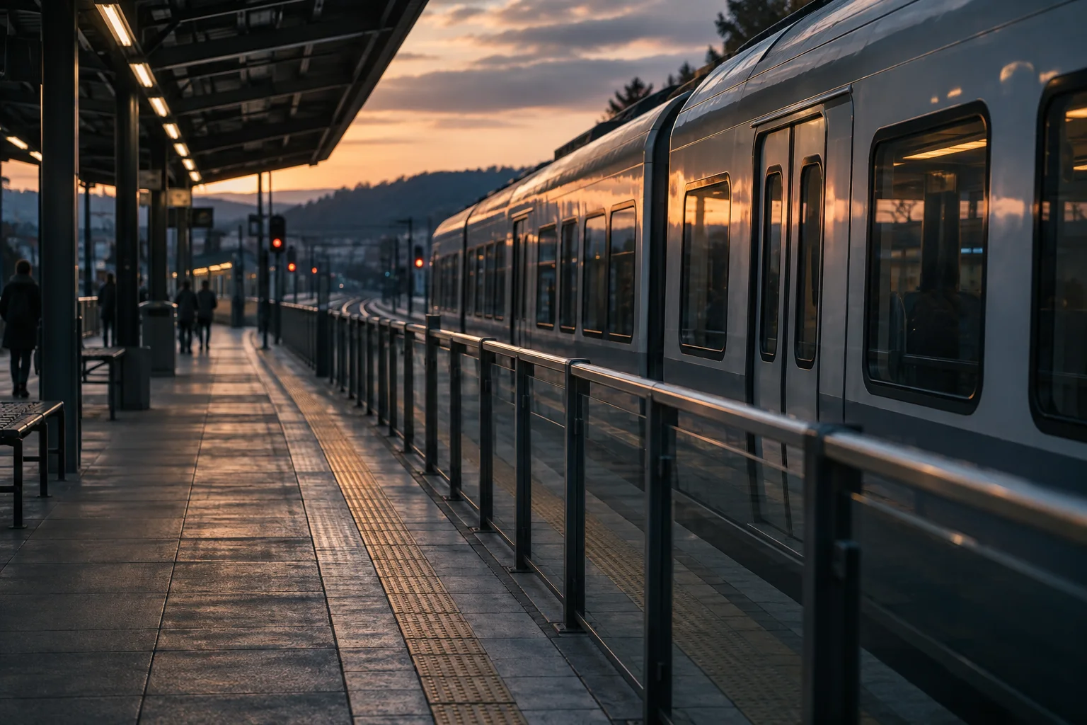 A railway platform and stationary passenger train under subdued evening light