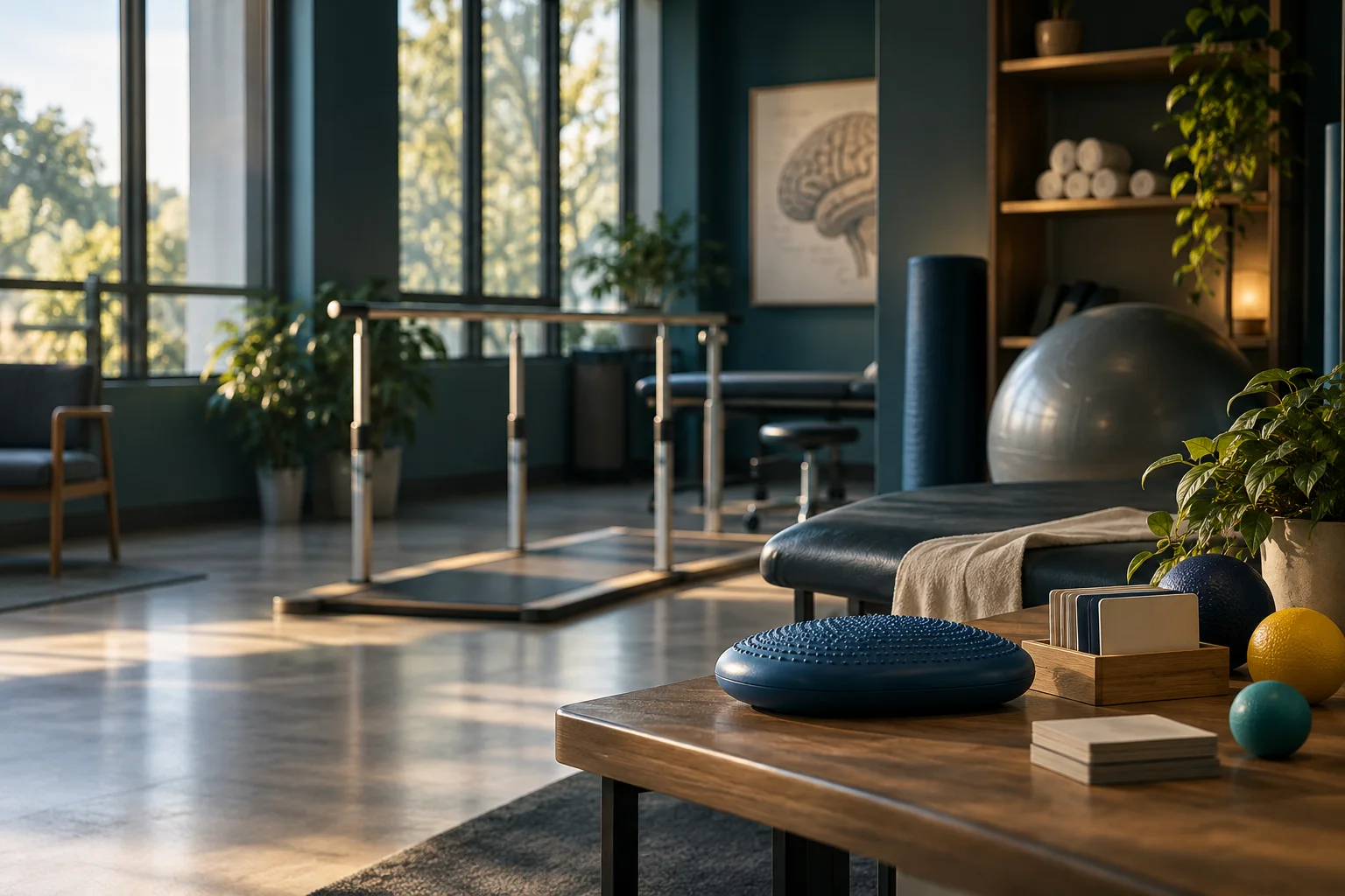 A neurological rehabilitation workspace with balance equipment and soft daylight