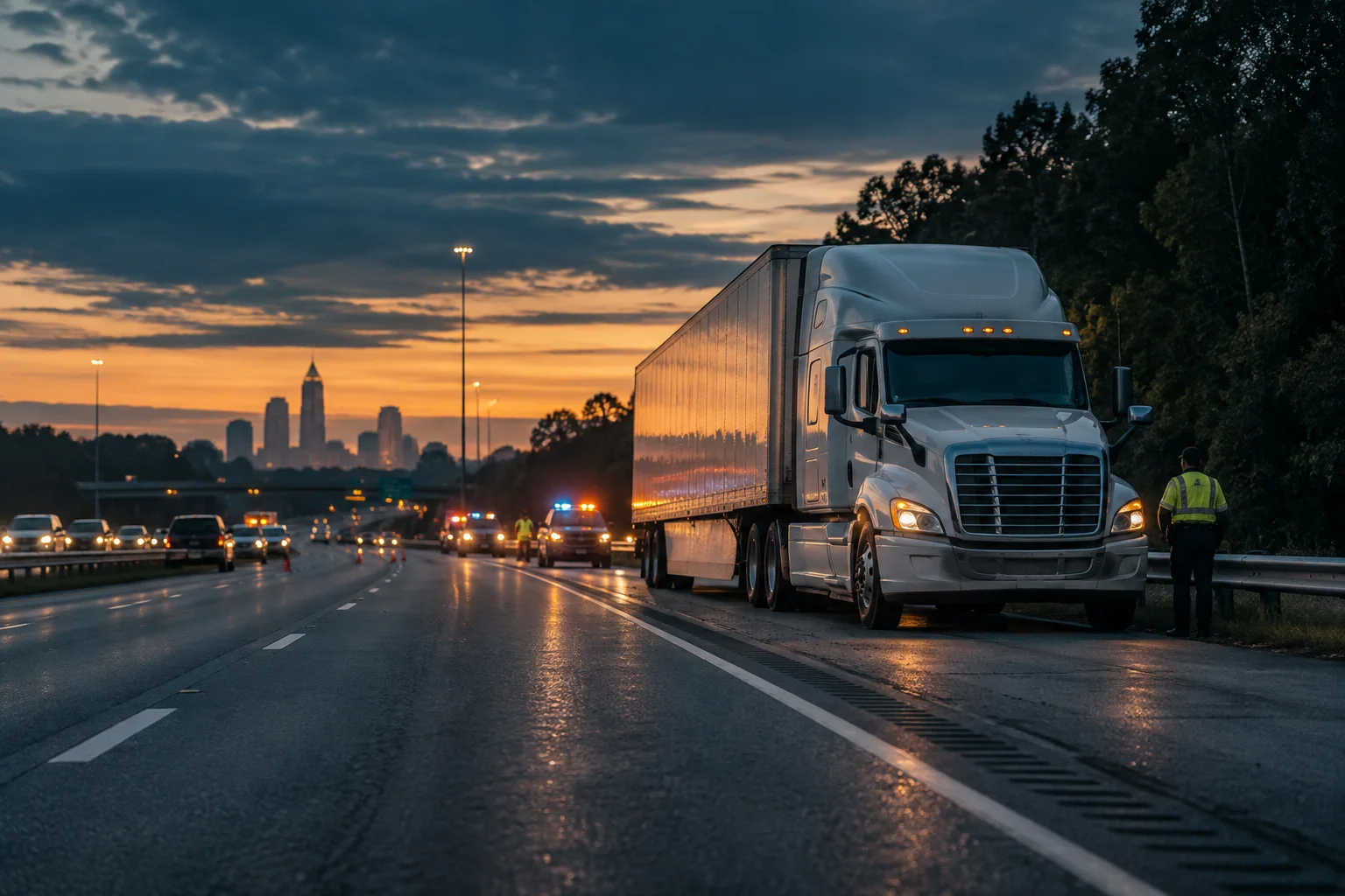 A tractor-trailer stopped beyond a guarded highway scene at blue hour