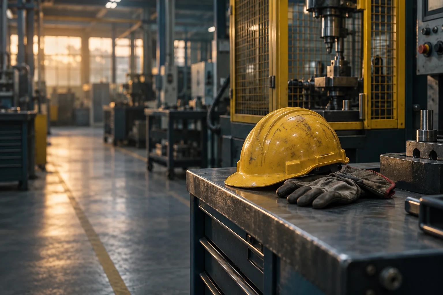 A safety helmet and work gloves beside an inactive industrial workstation