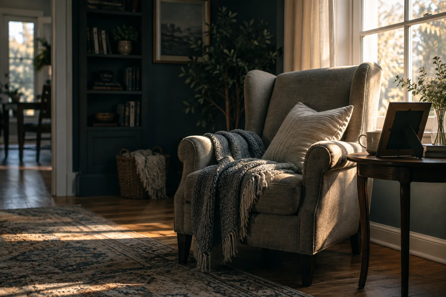 An unoccupied family chair beside a window in quiet, respectful morning light