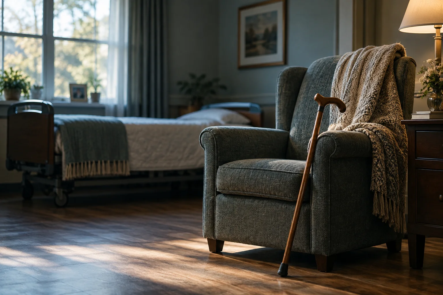 An empty armchair and walking cane in a calm long-term care room